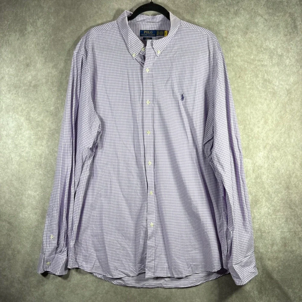 Polo Ralph Lauren Button Down Shirt Mens XXL Purple Gingham Slim Fit Stretch